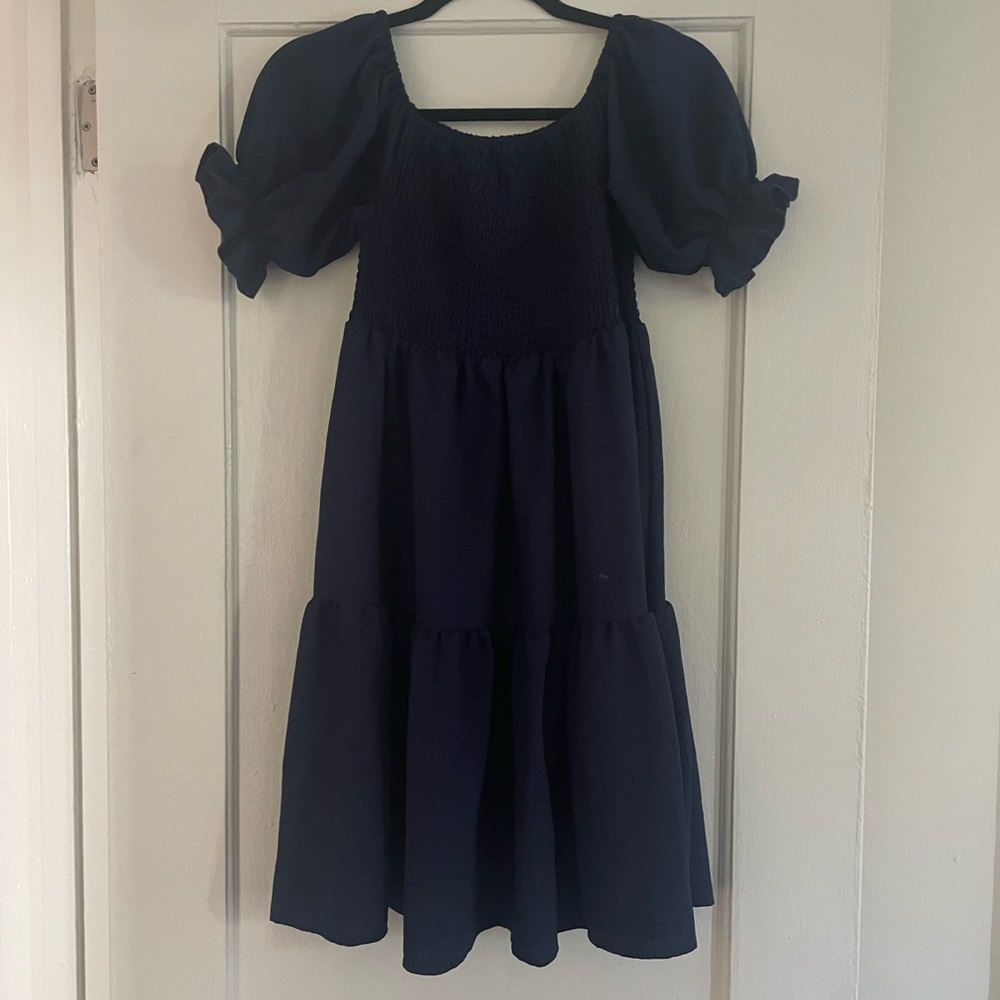 Navy Blue Puff Sleeve Midi Dress